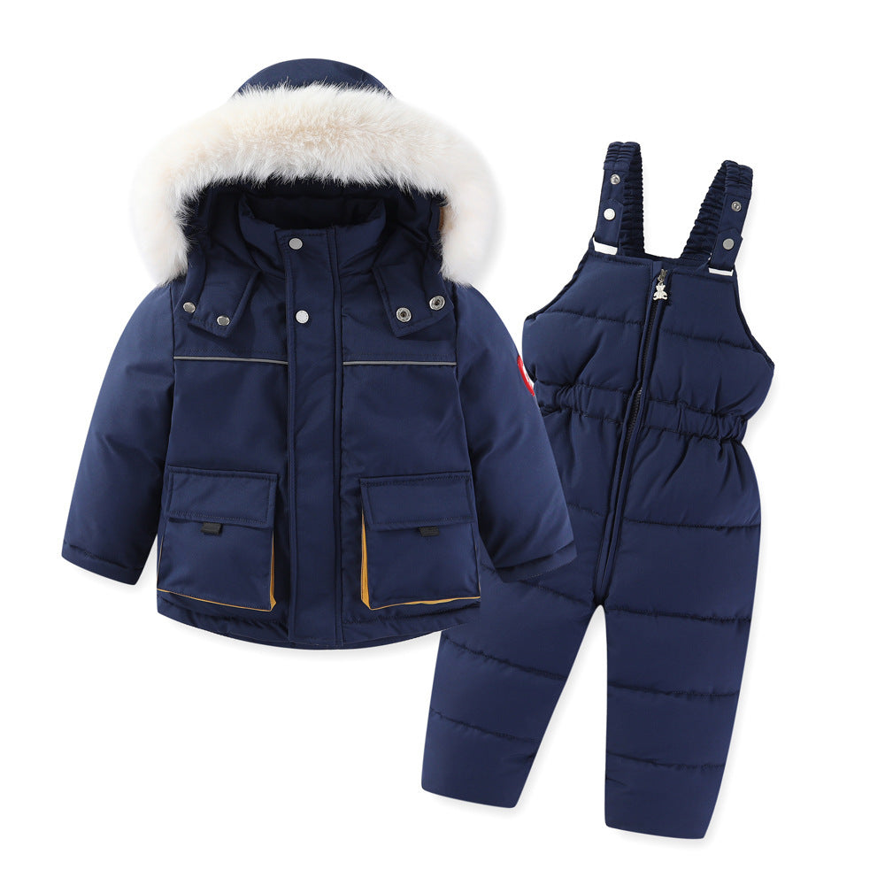 Windproof Waterproof Boys And Girls Fur Cotton-padded Overalls Suit