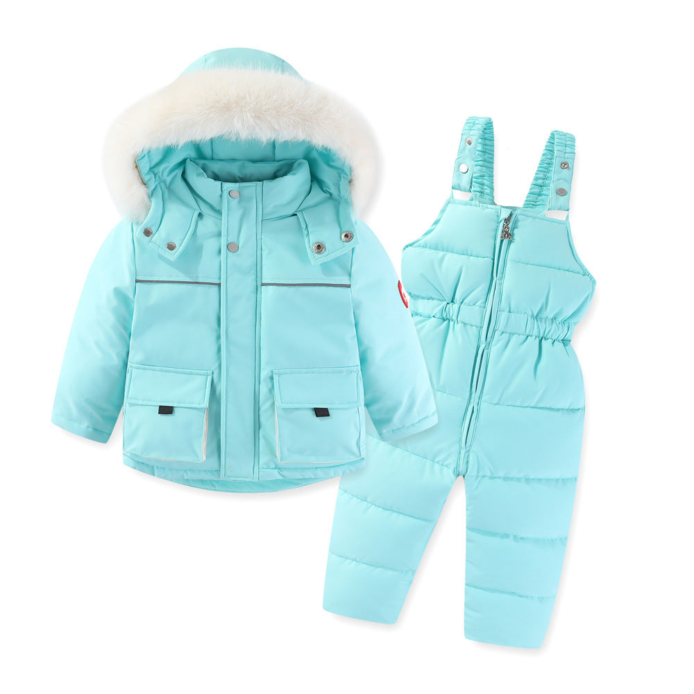 Windproof Waterproof Boys And Girls Fur Cotton-padded Overalls Suit