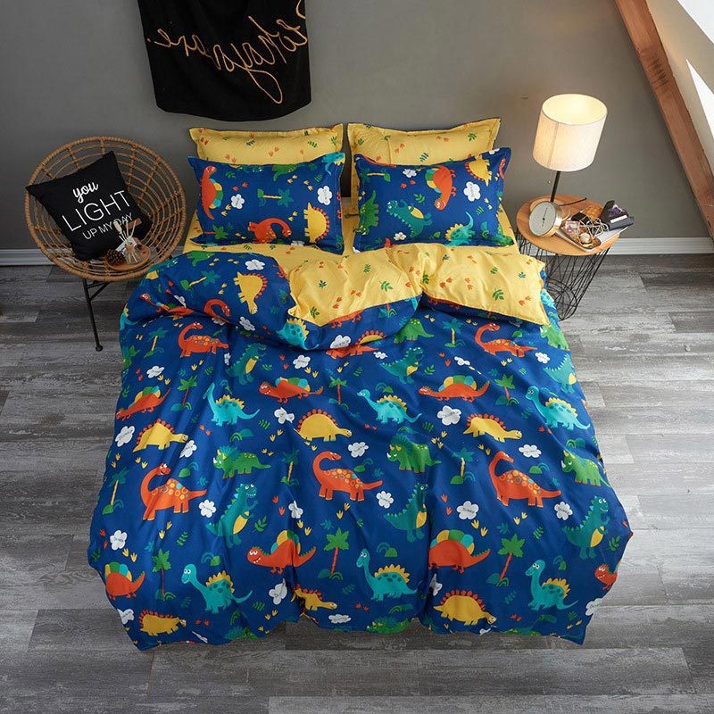 Colorful kids' bedding set featuring dinosaur prints, perfect for adding fun and coziness to your child's bedroom.
