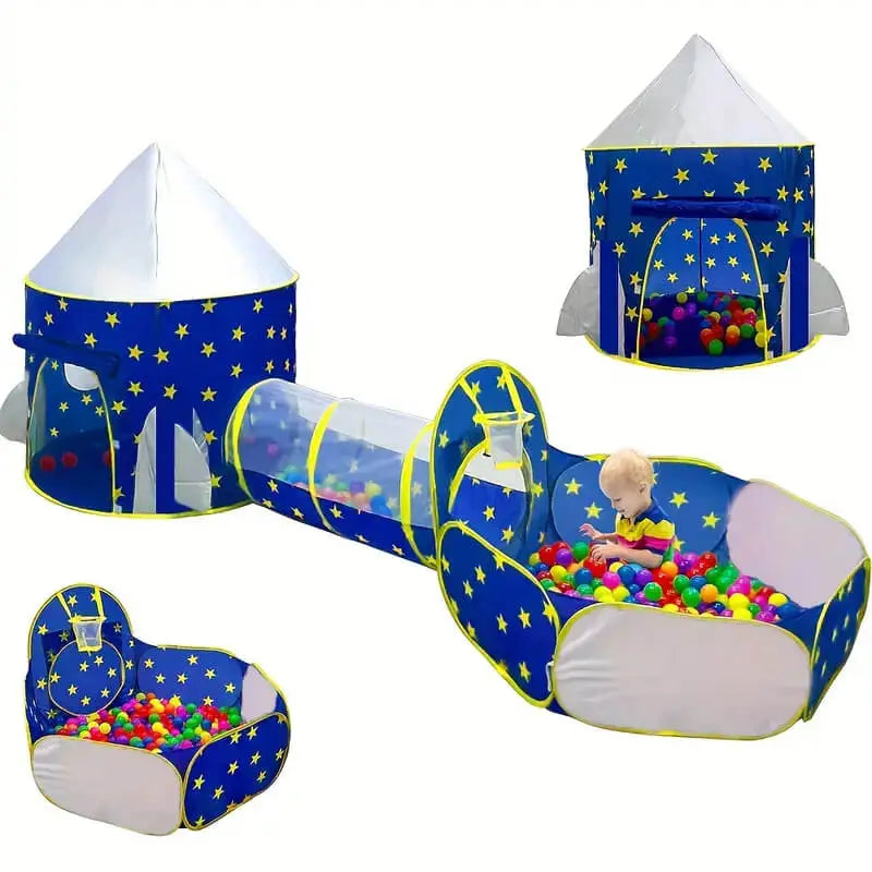 Colorful indoor play tent with tunnel and ball pit, perfect for keeping kids entertained and cozy at home.