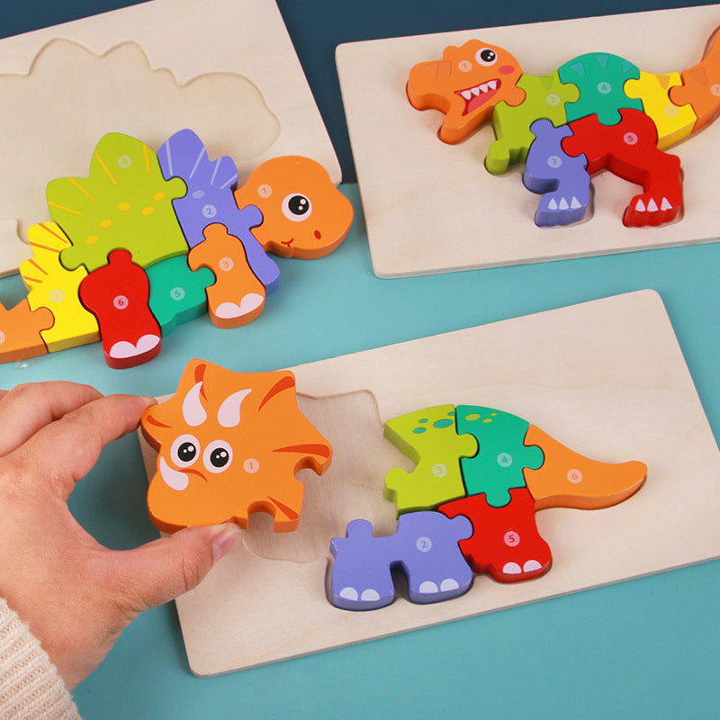 Colorful dinosaur puzzle pieces being assembled by a hand, promoting interactive learning and play for children.