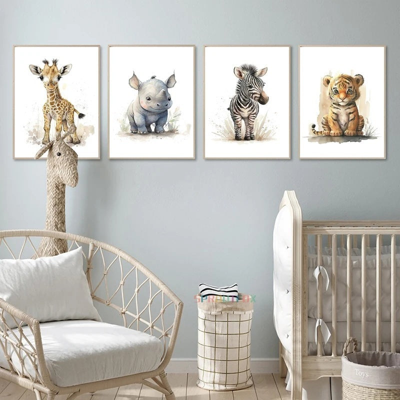 Cute nursery decor featuring animal wall art of a giraffe, rhino, zebra, and tiger for a child's room.
