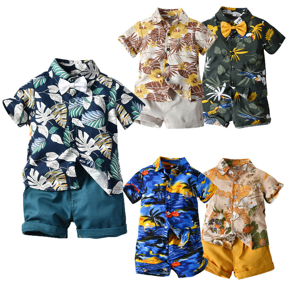 Floral Short Sleeve Printed Shirt Boys Casual Two-piece Suit