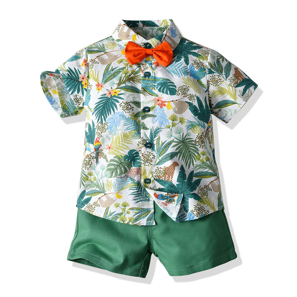 Floral Short Sleeve Printed Shirt Boys Casual Two-piece Suit