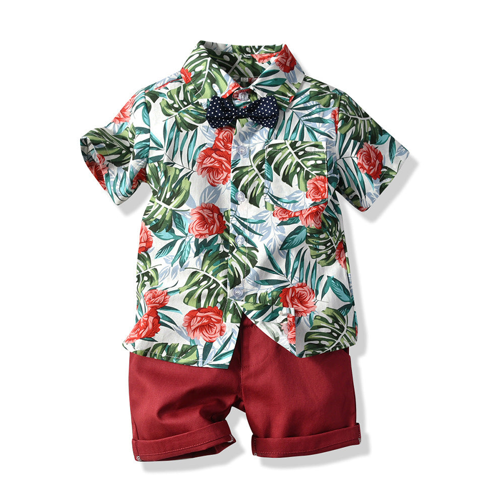 Floral Short Sleeve Printed Shirt Boys Casual Two-piece Suit
