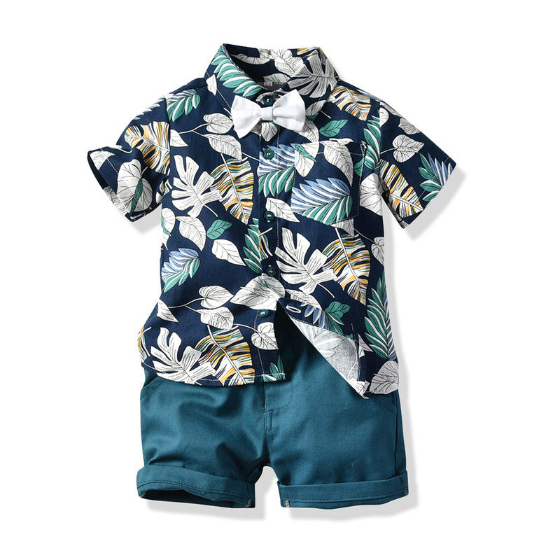 Floral Short Sleeve Printed Shirt Boys Casual Two-piece Suit