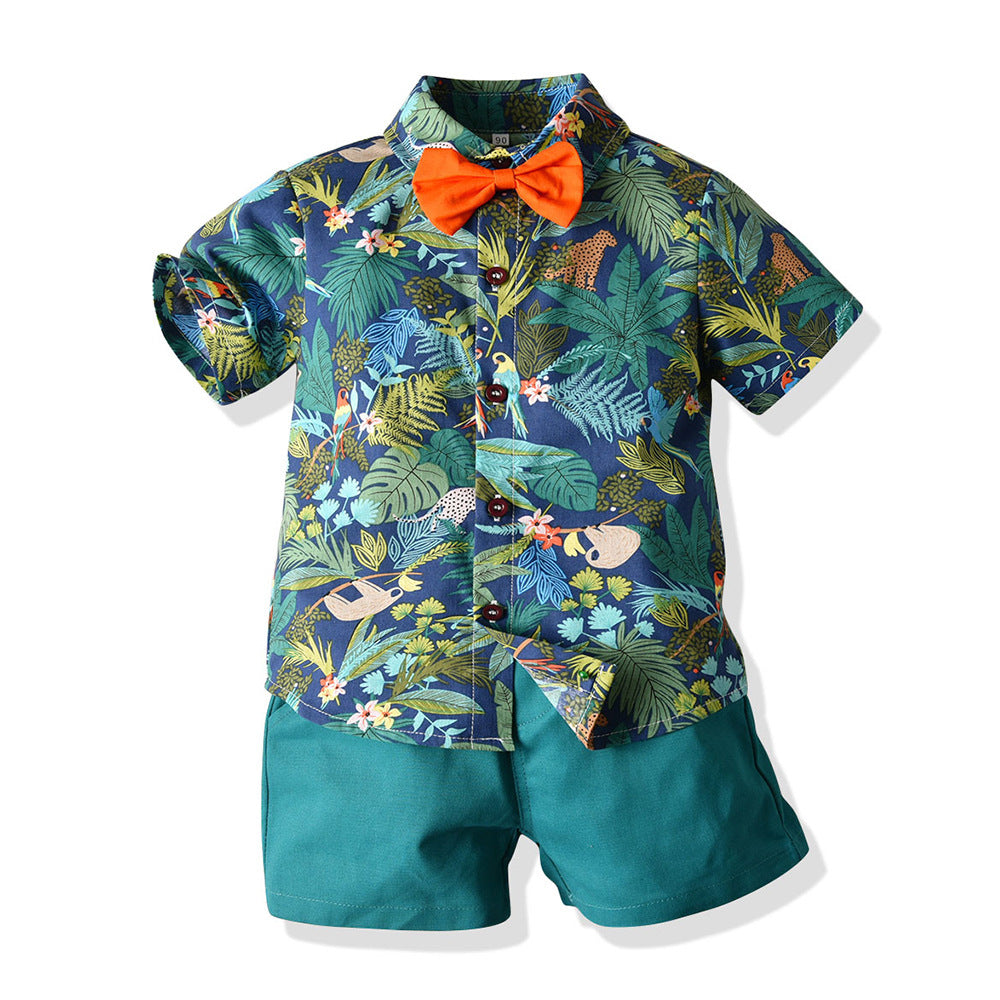 Floral Short Sleeve Printed Shirt Boys Casual Two-piece Suit