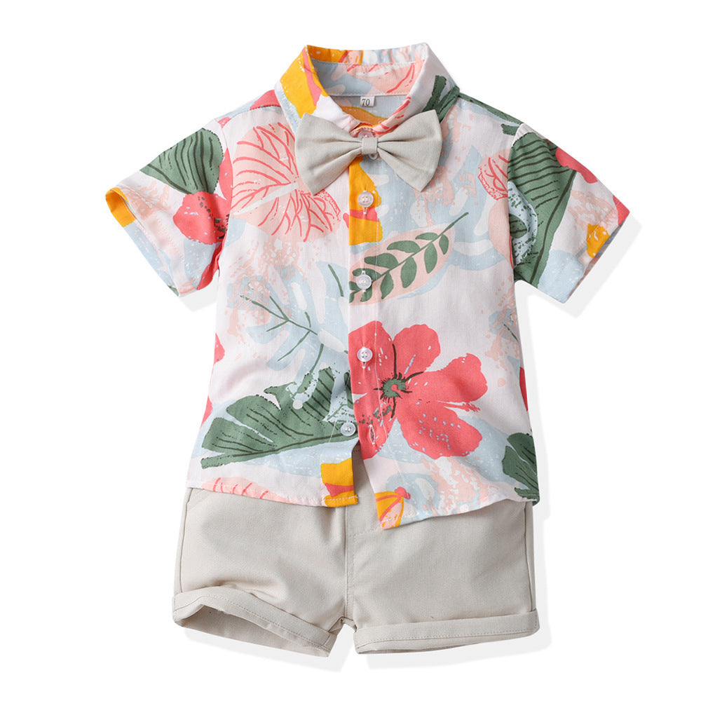 Floral Short Sleeve Printed Shirt Boys Casual Two-piece Suit