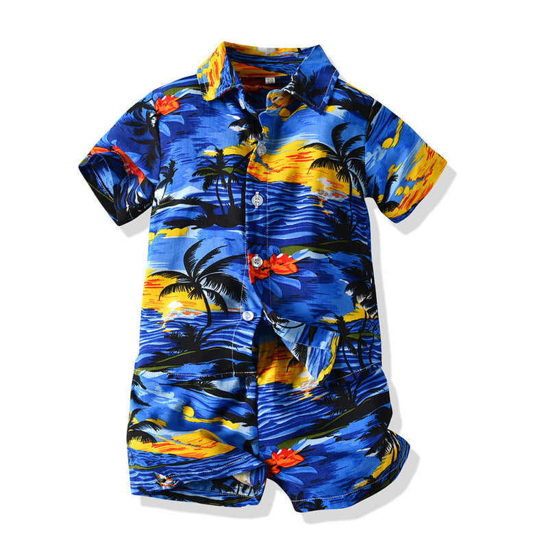 Floral Short Sleeve Printed Shirt Boys Casual Two-piece Suit