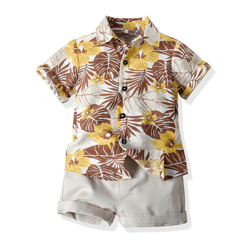 Floral Short Sleeve Printed Shirt Boys Casual Two-piece Suit
