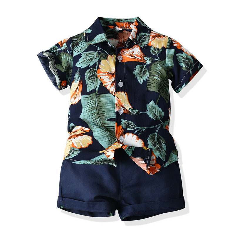 Floral Short Sleeve Printed Shirt Boys Casual Two-piece Suit