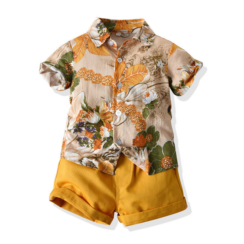 Floral Short Sleeve Printed Shirt Boys Casual Two-piece Suit