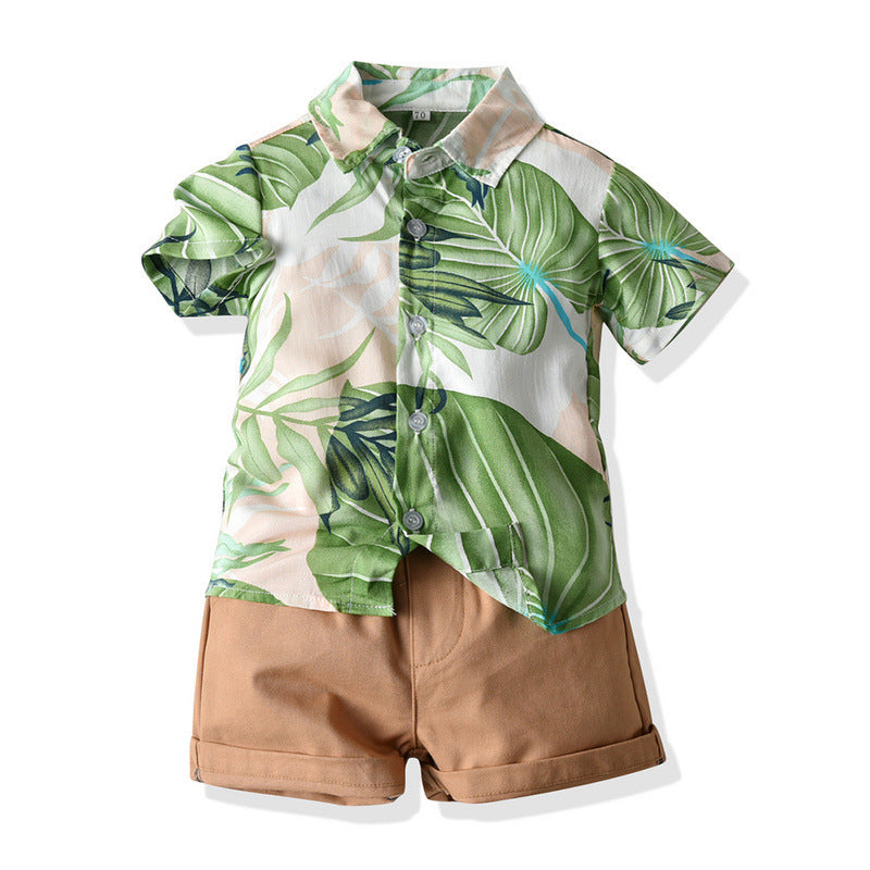 Floral Short Sleeve Printed Shirt Boys Casual Two-piece Suit