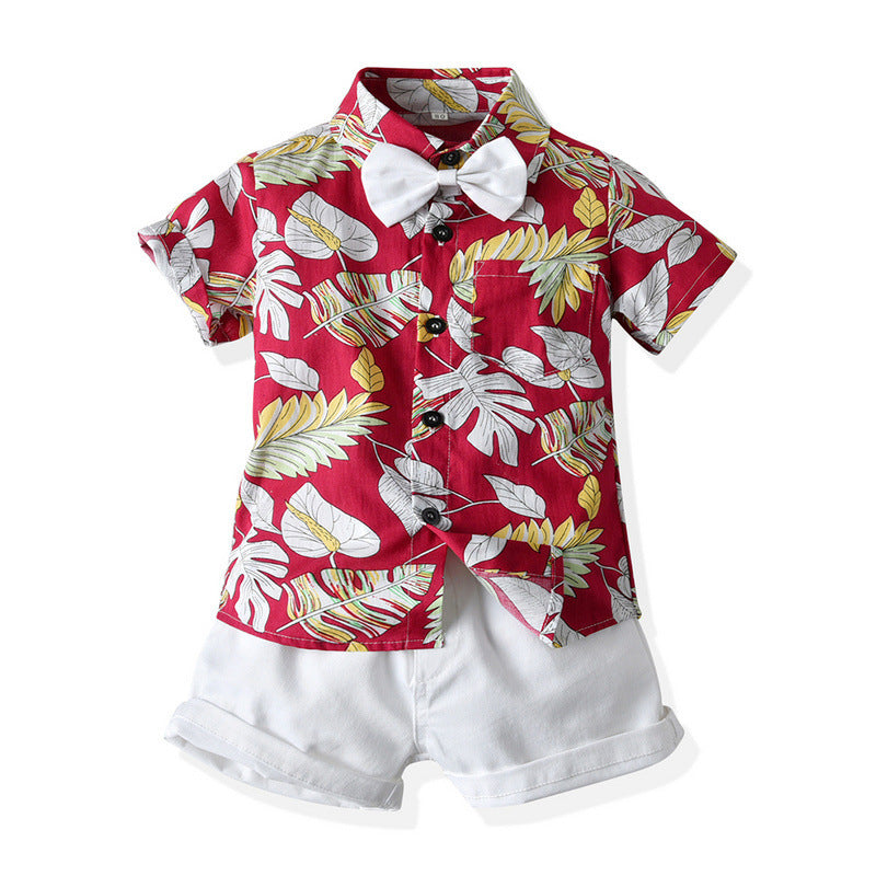 Floral Short Sleeve Printed Shirt Boys Casual Two-piece Suit