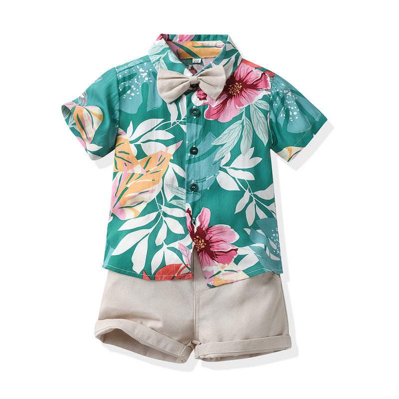 Floral Short Sleeve Printed Shirt Boys Casual Two-piece Suit