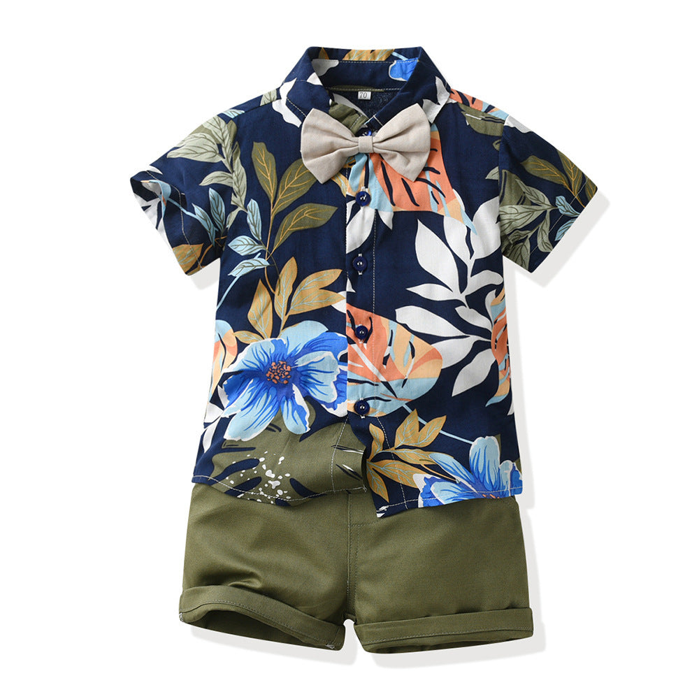 Floral Short Sleeve Printed Shirt Boys Casual Two-piece Suit