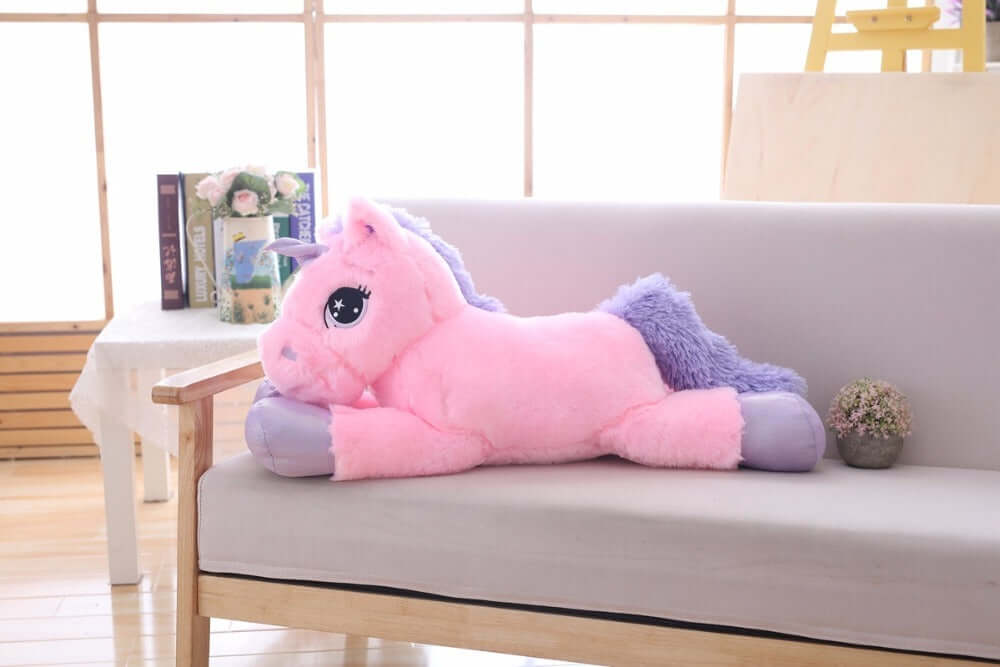 Soft pink unicorn pillow toy for toddlers and children, perfect for cozy cuddles and decoration.