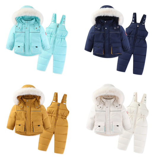 Windproof Waterproof Boys And Girls Fur Cotton-padded Overalls Suit