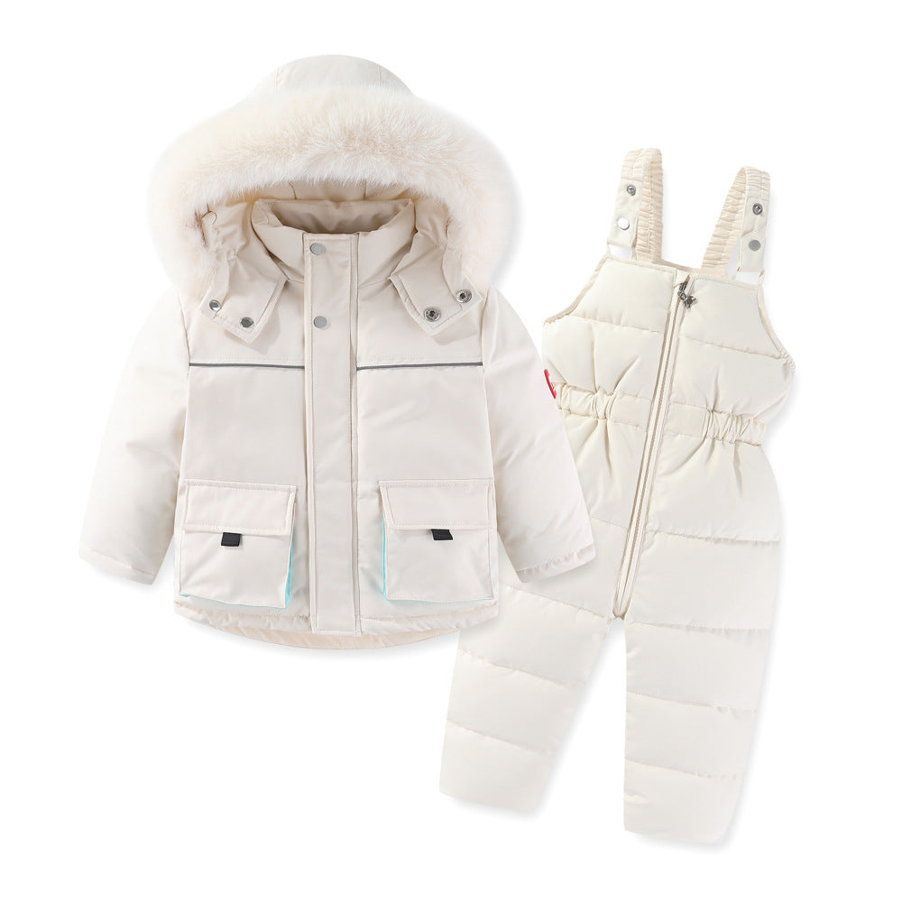 Windproof Waterproof Boys And Girls Fur Cotton-padded Overalls Suit