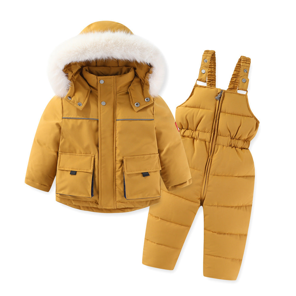 Windproof Waterproof Boys And Girls Fur Cotton-padded Overalls Suit
